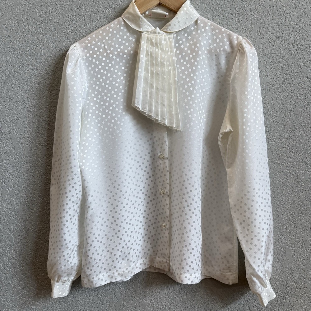 COS COB Vintage Semi-Sheer Blouse Ivory Polka Dot Puff Sleeve **Removable Tie**